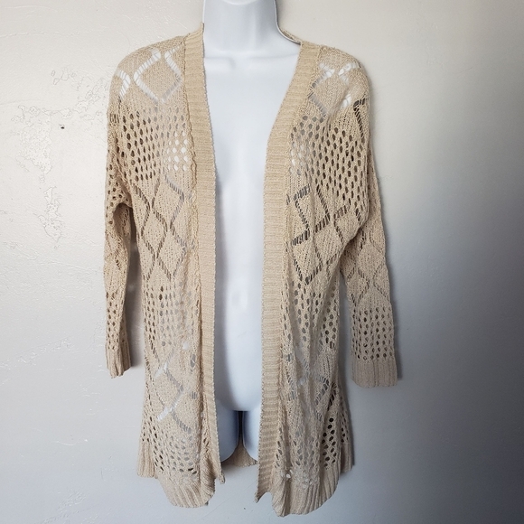 Pink Rose Medium Beige Open Stitch Knit Cardigan Long Sleeve Top - Picture 1 of 6